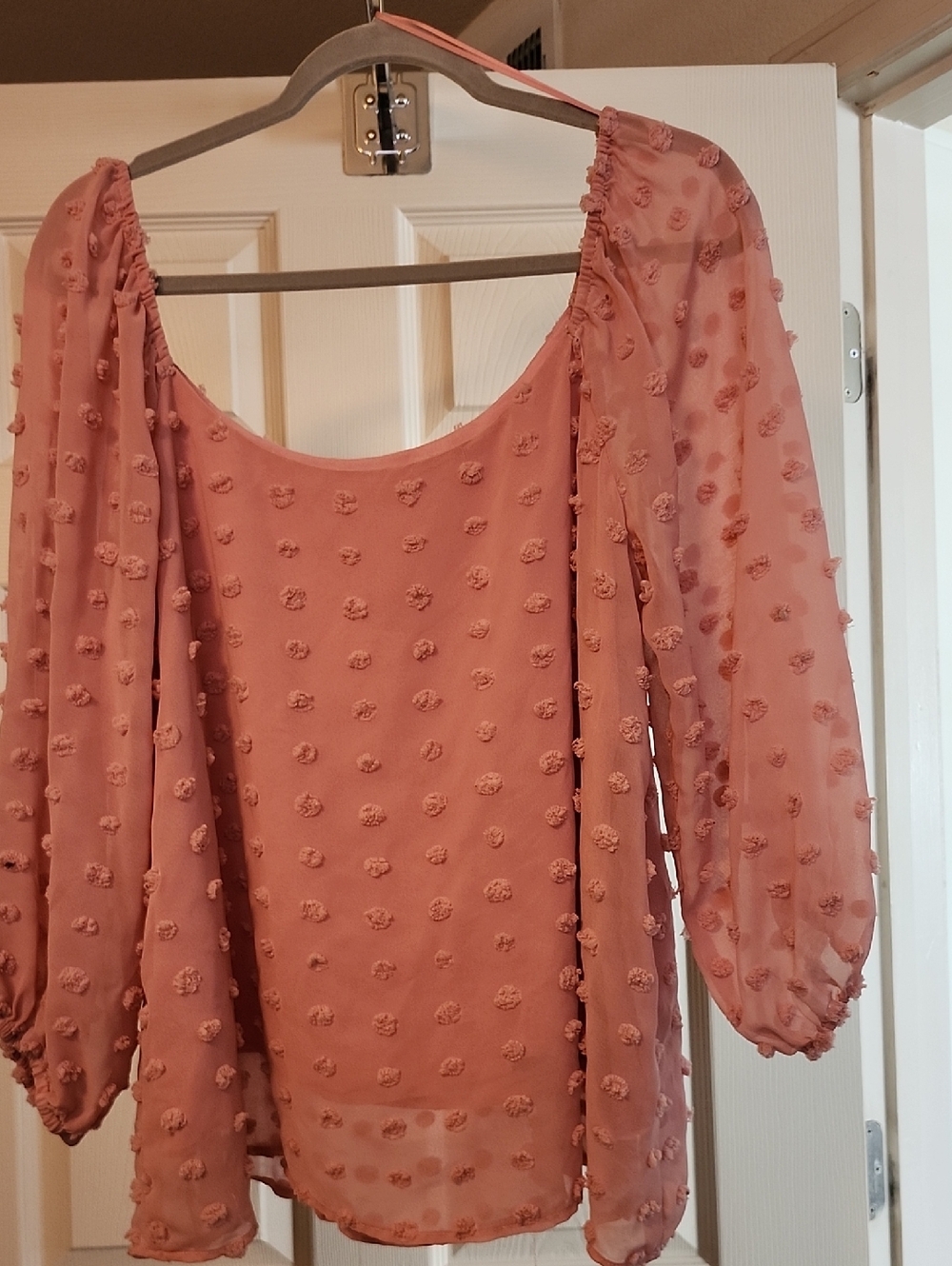 Women's Pink Swiss Dot Peasant Blouse